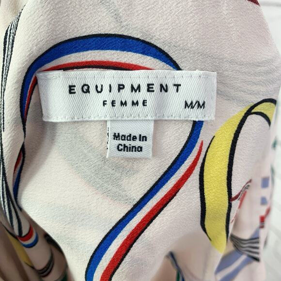 Equipment Femme Silk Ribbon Print Blouse Size Medium Top Button Up Hi Low - Picture 2 of 6